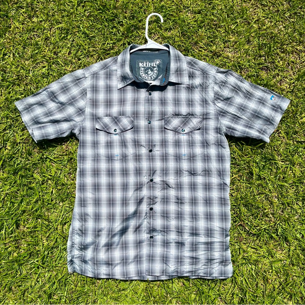 KUHL Mens Rumblr Medium Gray Plaid Pearl Snap Lightweight Short Sleeve Button Up